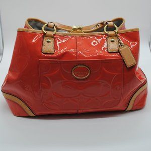 Coach Coral and Tan Signature Logo Patent Leather Handbag
